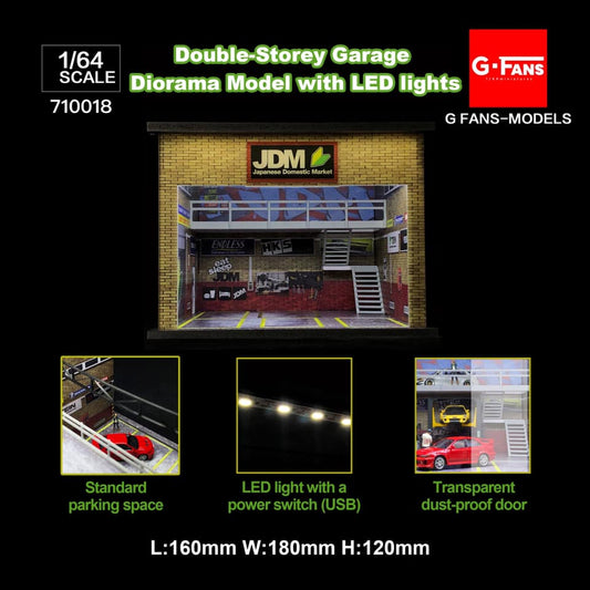 Front view of G-Fans JDM double storey garage for 1:64 scale diecast display
