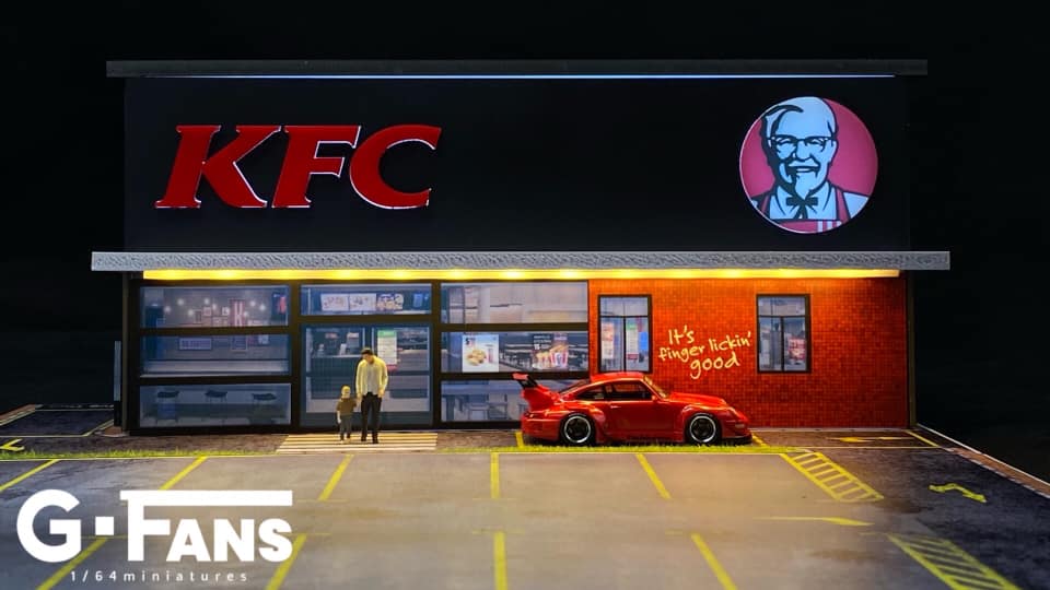 Side view showing drive-thru and LED-lit details of KFC diorama