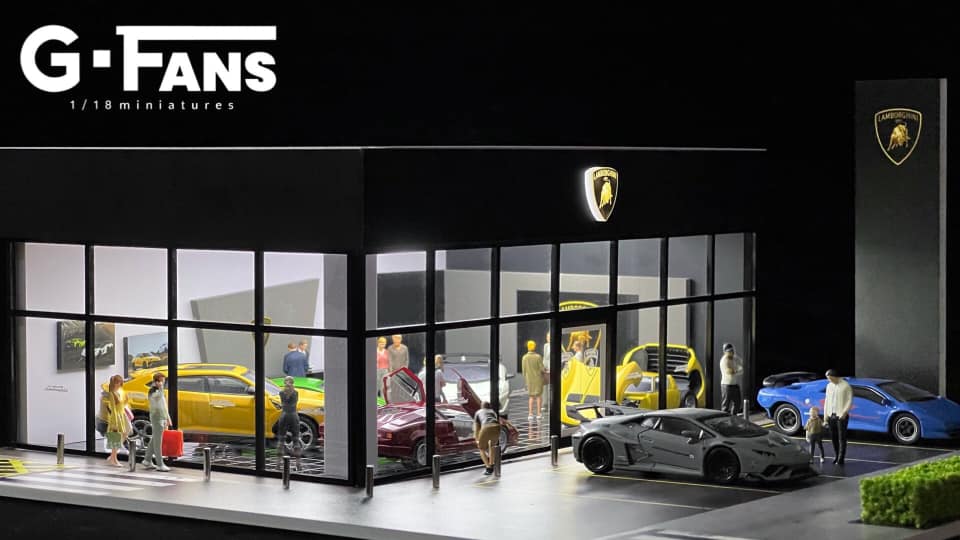 Lamborghini garage diorama shown from front left angle