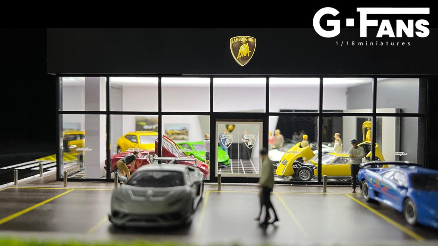 Front view of Lamborghini Service Centre Diorama in 1:64 scale