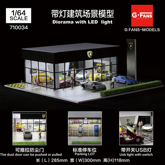 Front view of Lamborghini Service Centre Diorama in 1:64 scale