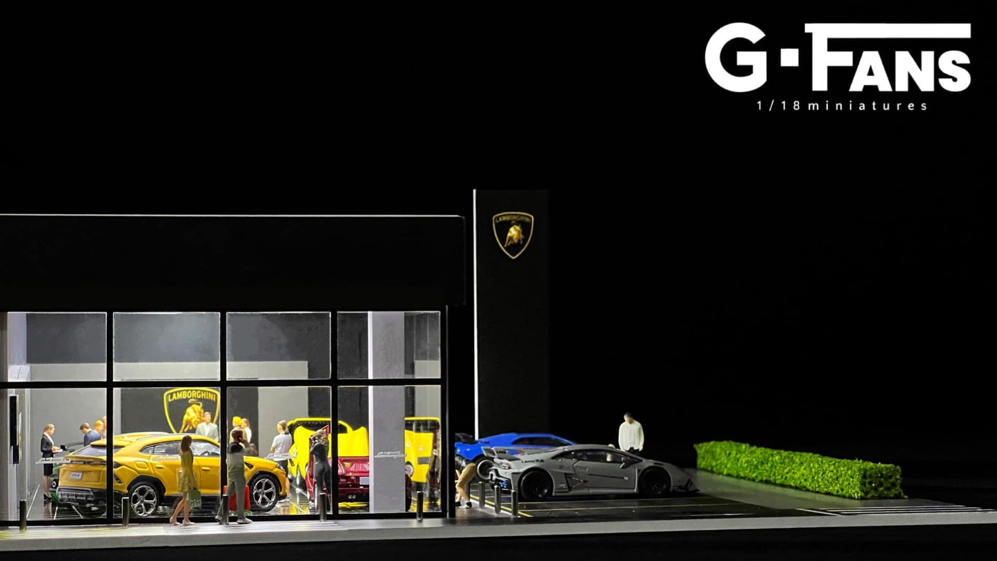 Side angle of Lamborghini 1:64 scale diorama with workshop design