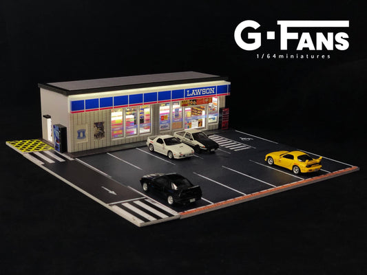 Front view of G-Fans Lawson carpark diorama in 1:64 scale
