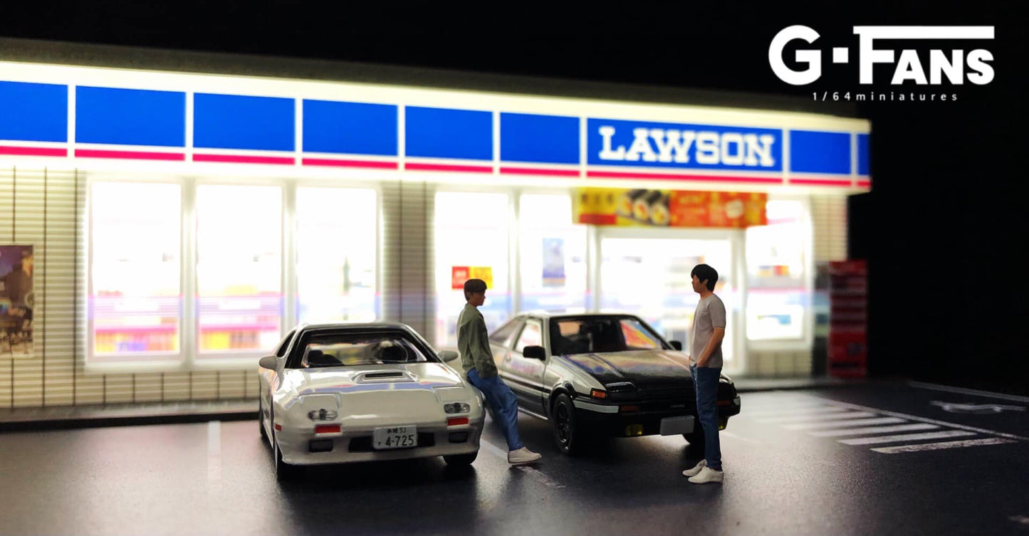 Scale comparison of G-Fans Lawson diorama with 1:64 diecast vehicles