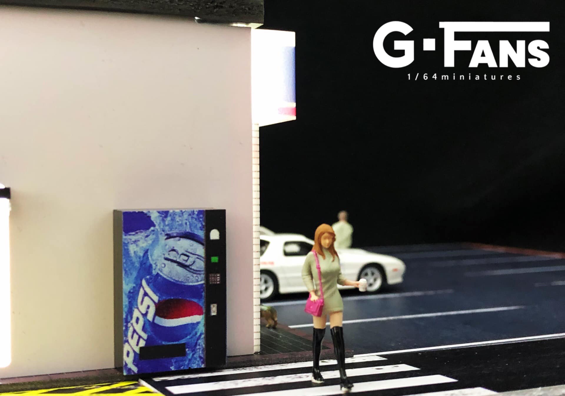 Side angle of Lawson diorama with parking slots and signage