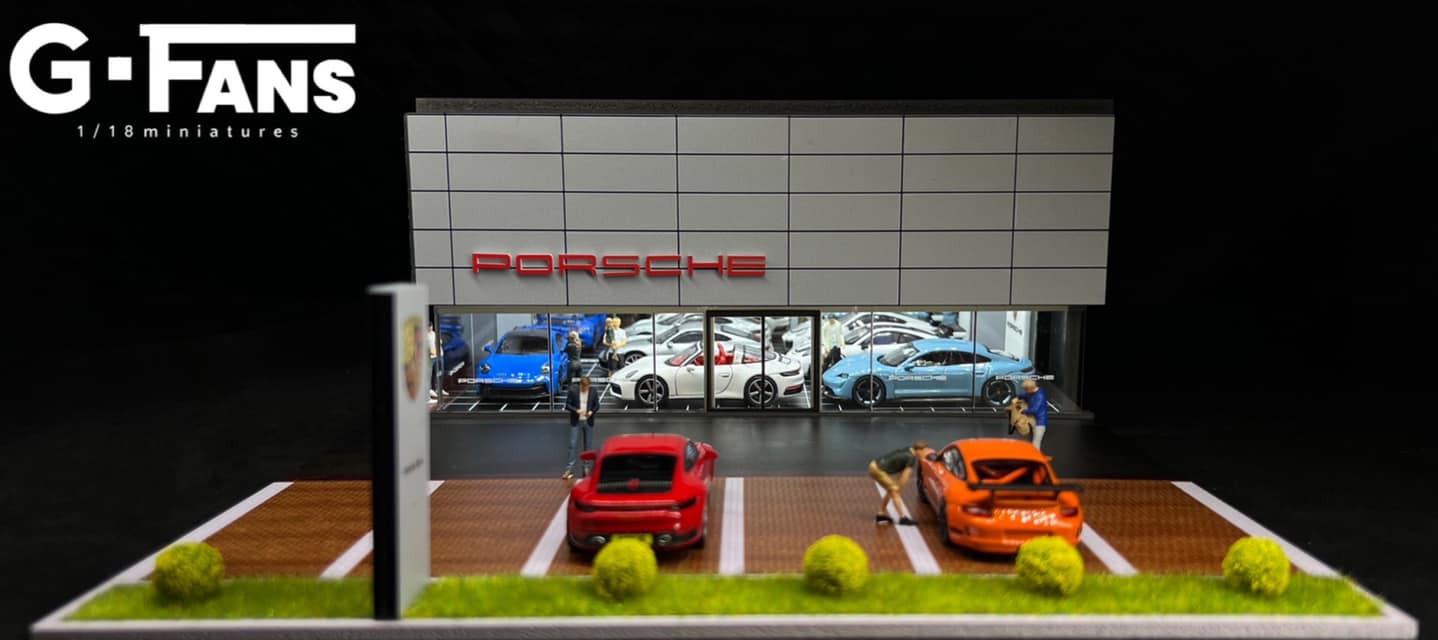 Side angle showing Porsche signage and garage setup