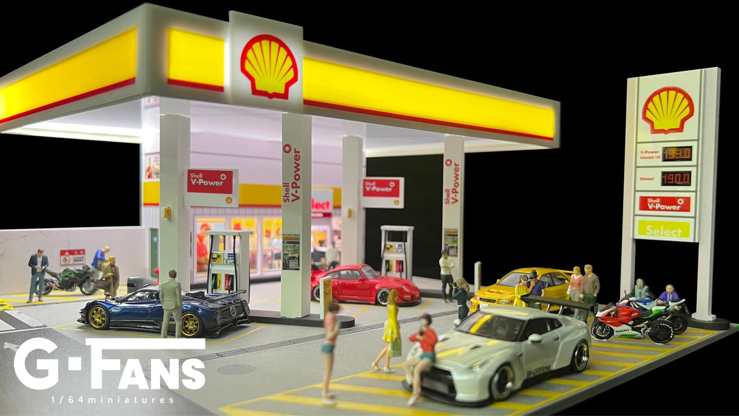 Shell Petrol Station Diorama in night scene with illuminated lights