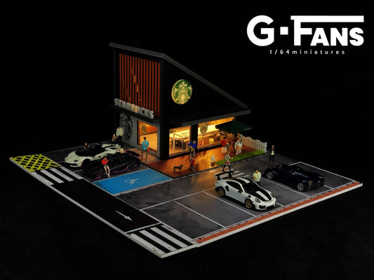 Front view of G-Fans Starbucks diorama with realistic storefront and LED lighting