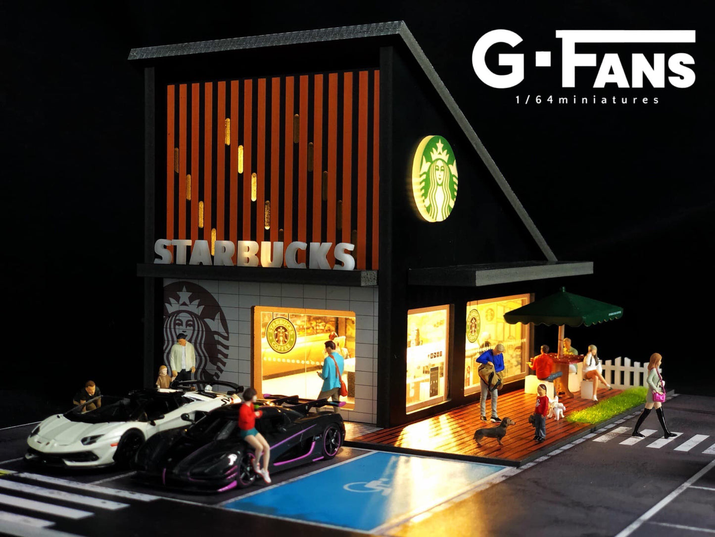 Side angle of 1:64 Starbucks diorama showing coffee shop details