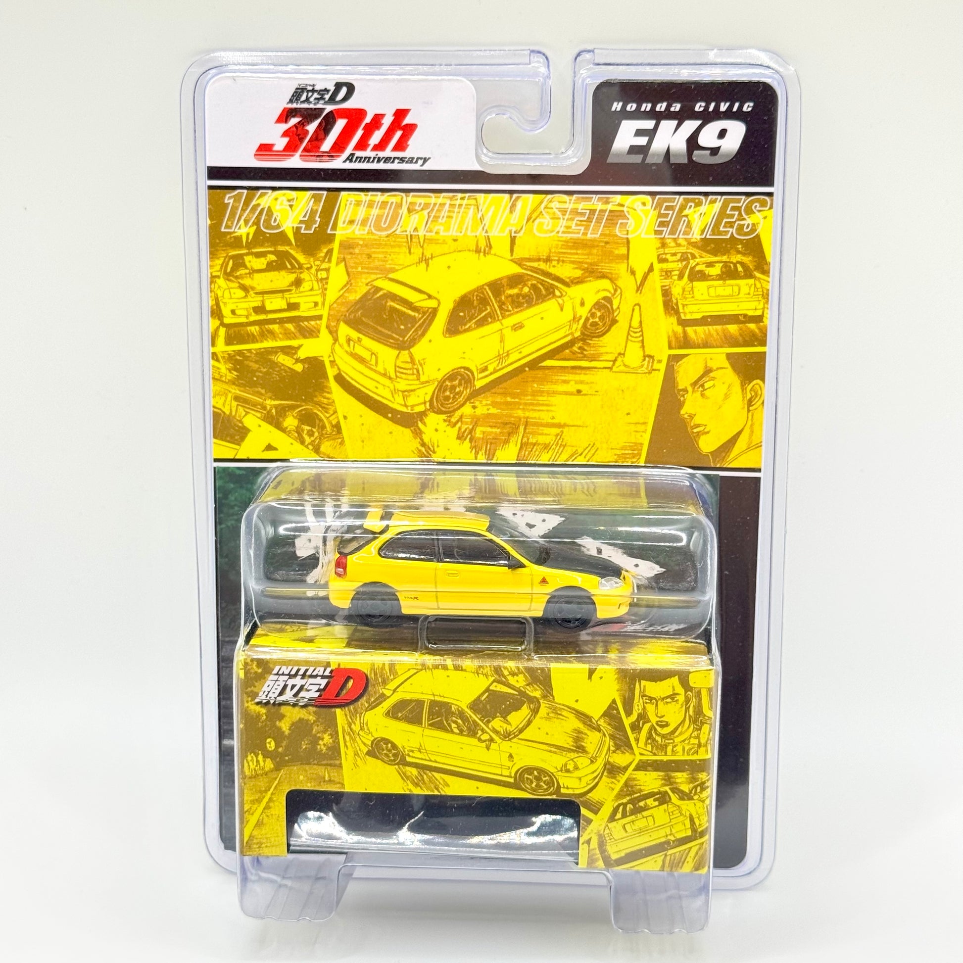 Hobby Japan Honda Civic EK9 Todo Juku Initial D 30th Anniversary Yellow 1:64 diecast model boxed front view