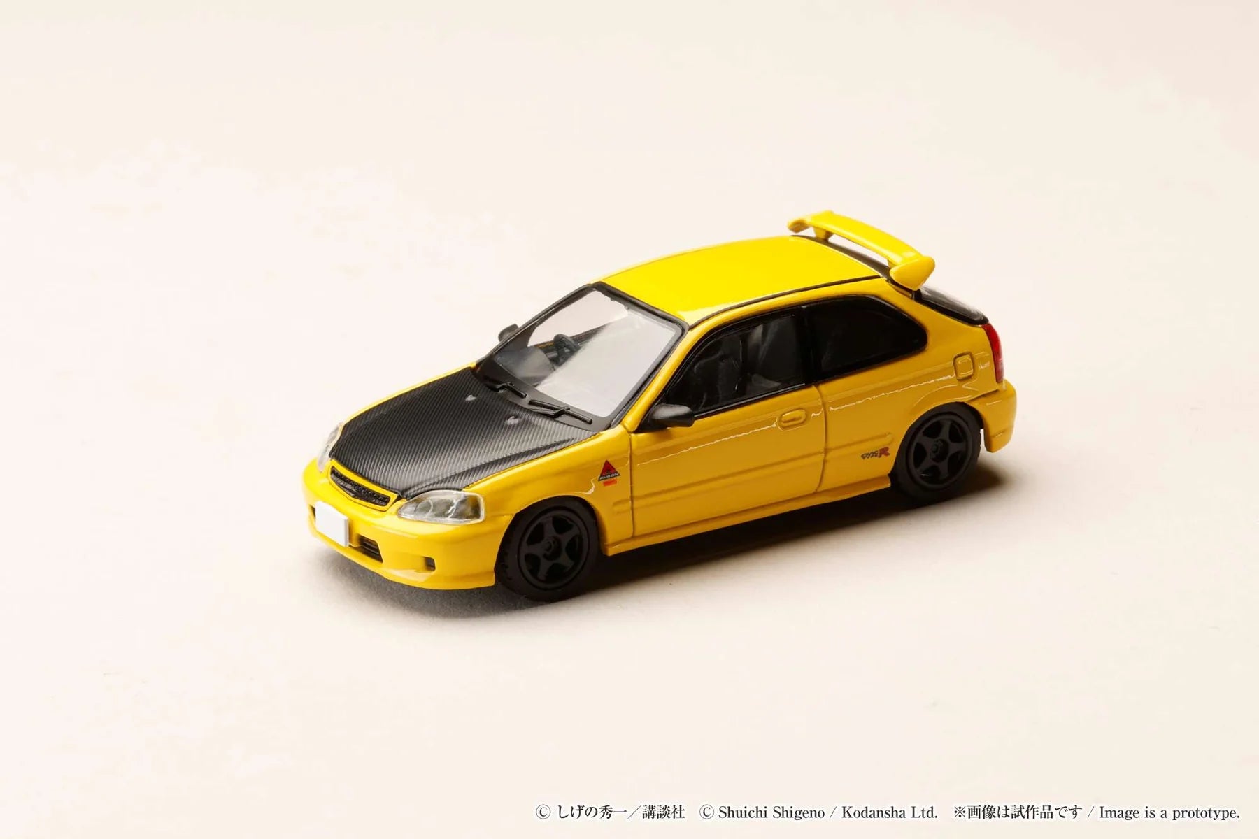 Hobby Japan Honda Civic EK9 Todo Juku Initial D 30th Anniversary Yellow 1:64 diecast model front three-quarter view