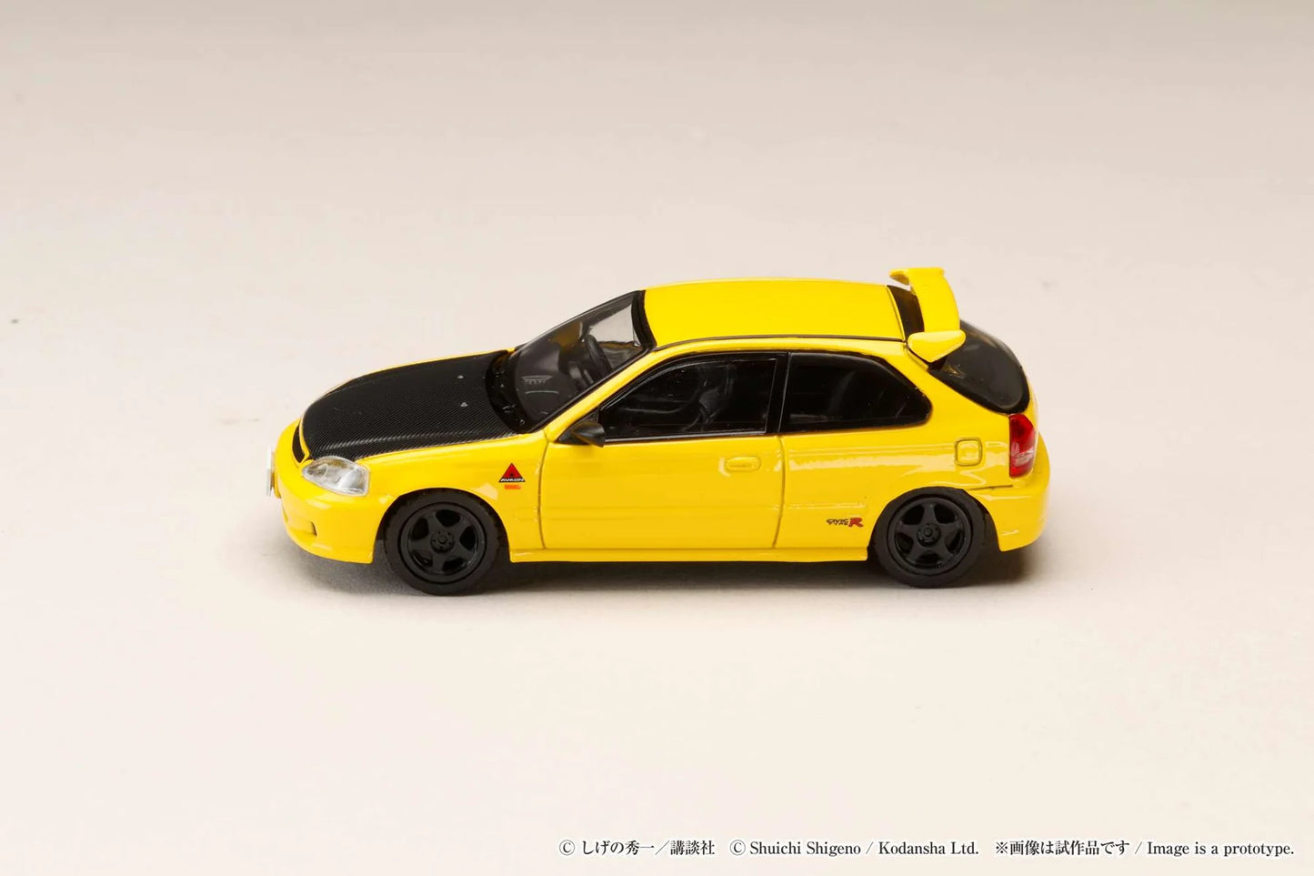Hobby Japan Honda Civic EK9 Todo Juku Initial D 30th Anniversary Yellow 1:64 diecast model left side view