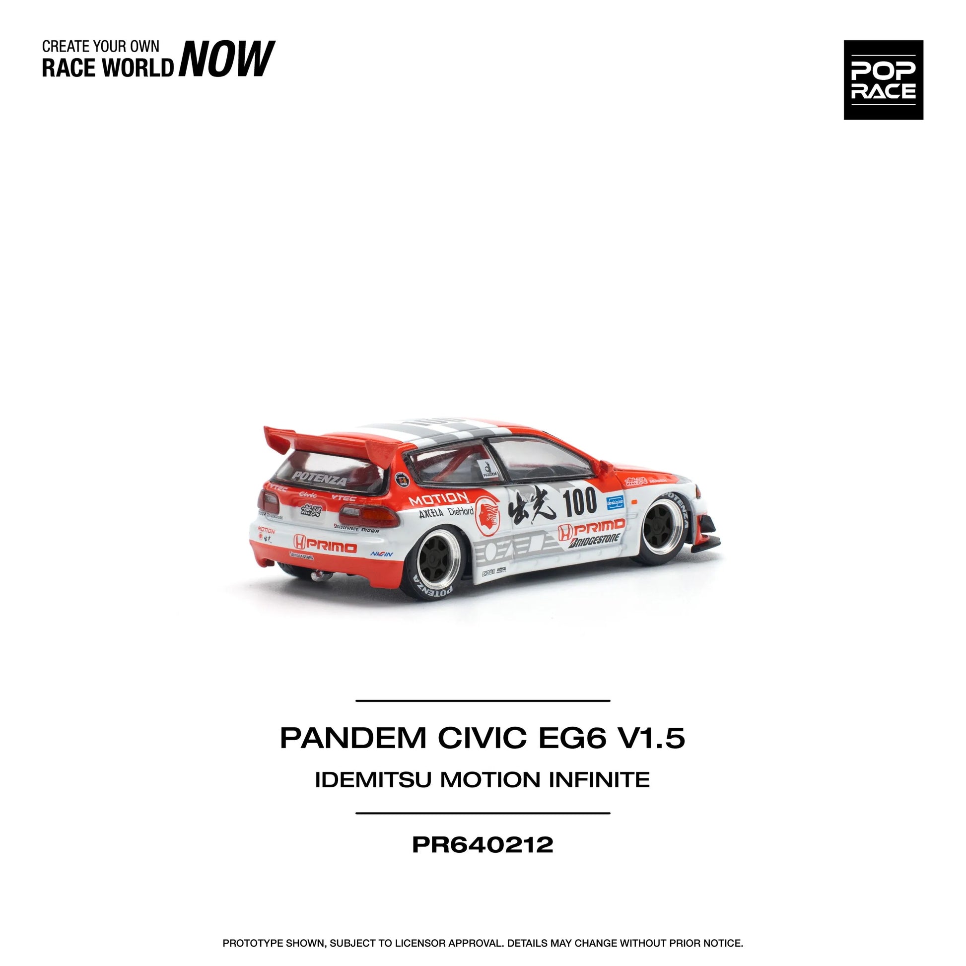 Front-right angled view of 1:64 Honda Civic EG6 Pandem Idemitsu diecast model