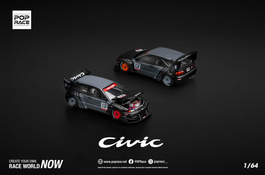 Front and rear angle of unboxed Honda Pandem Civic EG6 Kanjozoku diecast by Pop Race