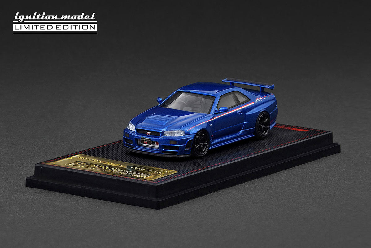 Front angle view of IG3838 Nissan Skyline GT-R R34 V-Spec II 1:64 resin model in Blue Metallic.