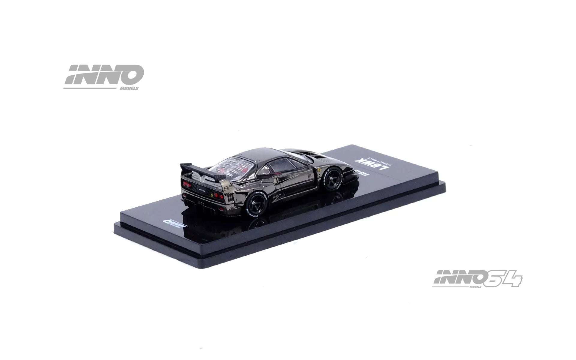 Display view of INNO64 F40 LBWK Chrome Black Edition diecast car