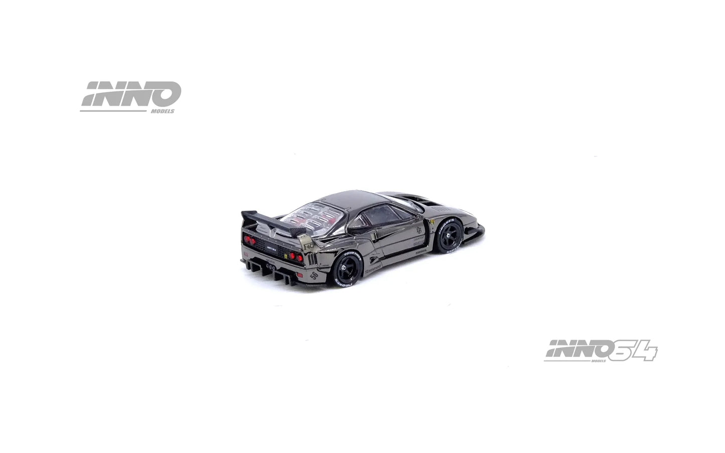 Rear view of INNO64 Ferrari F40 Liberty Walk widebody in chrome black