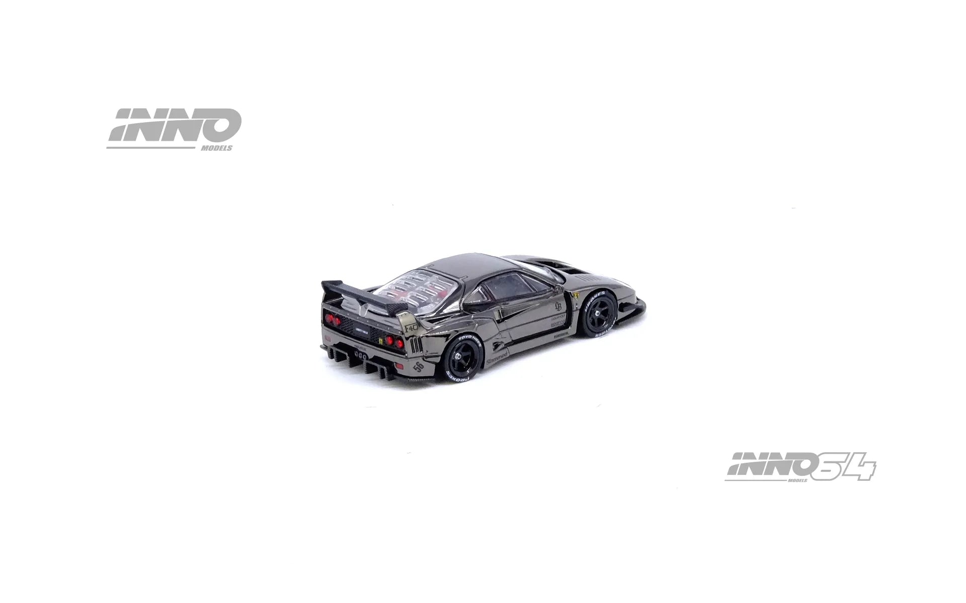 Rear view of INNO64 Ferrari F40 Liberty Walk widebody in chrome black