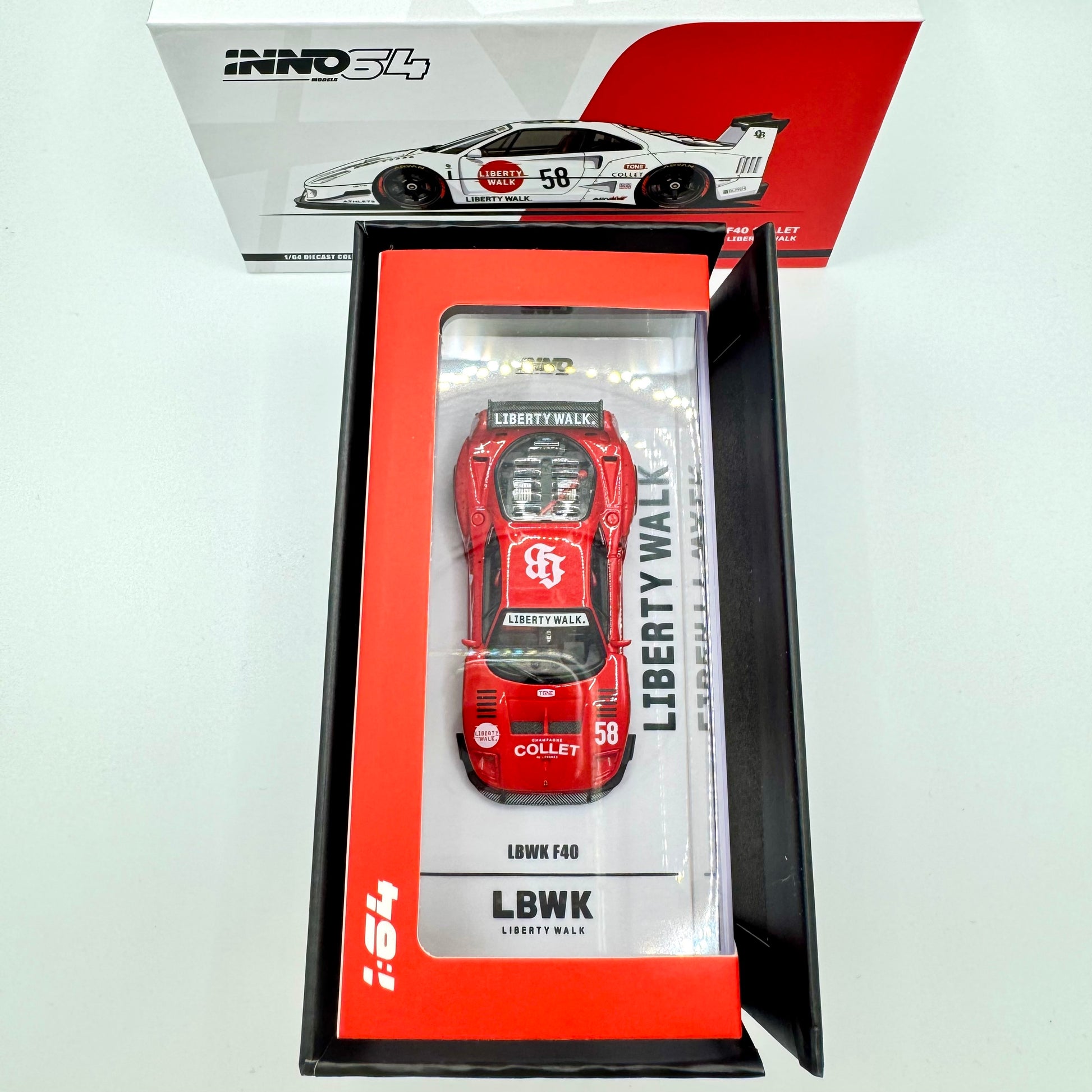 Inno64 Ferrari F40 LBWK Liberty Walk White Collet Chase 1:64 diecast model boxed rear view