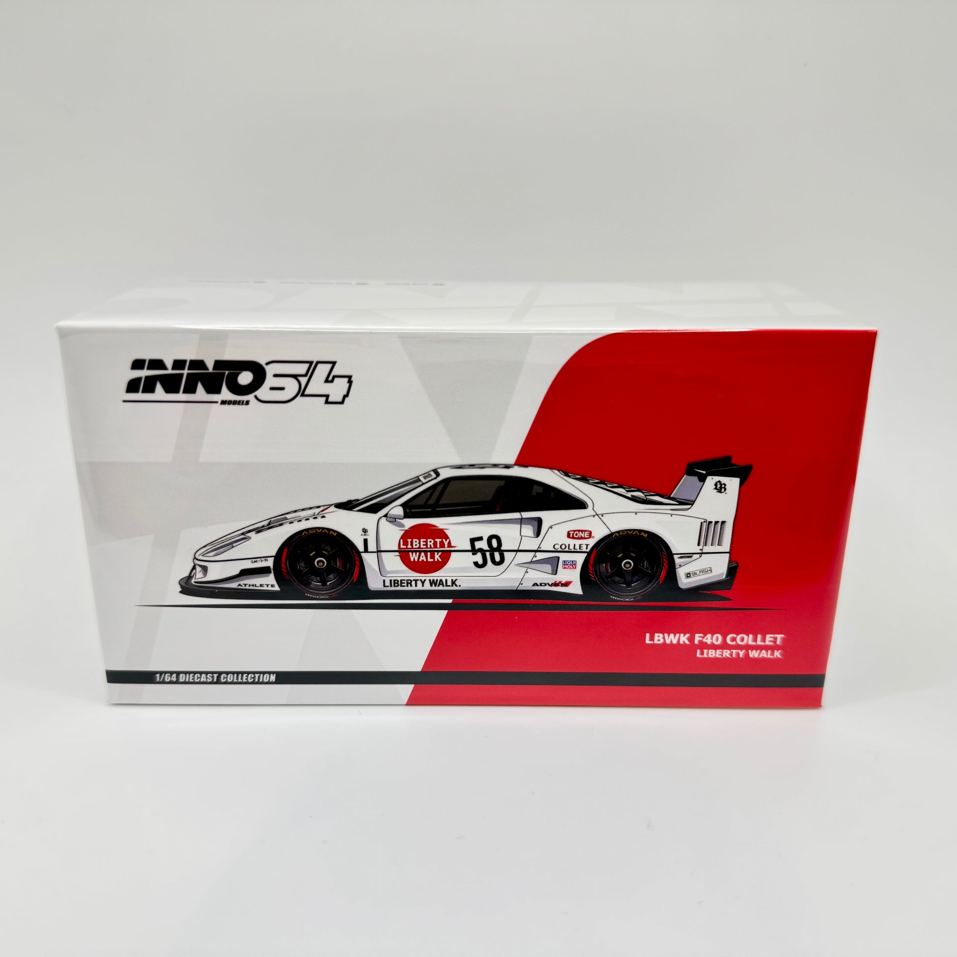 Inno64 Ferrari F40 LBWK Liberty Walk White Collet livery 1:64 diecast model boxed front view