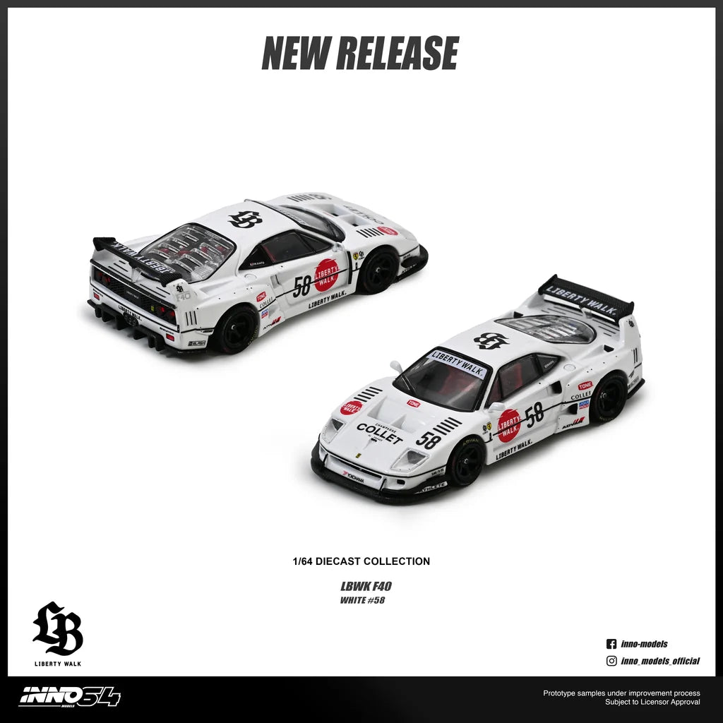 Inno64 Ferrari F40 LBWK Liberty Walk White Collet livery 1:64 diecast model front three-quarter view