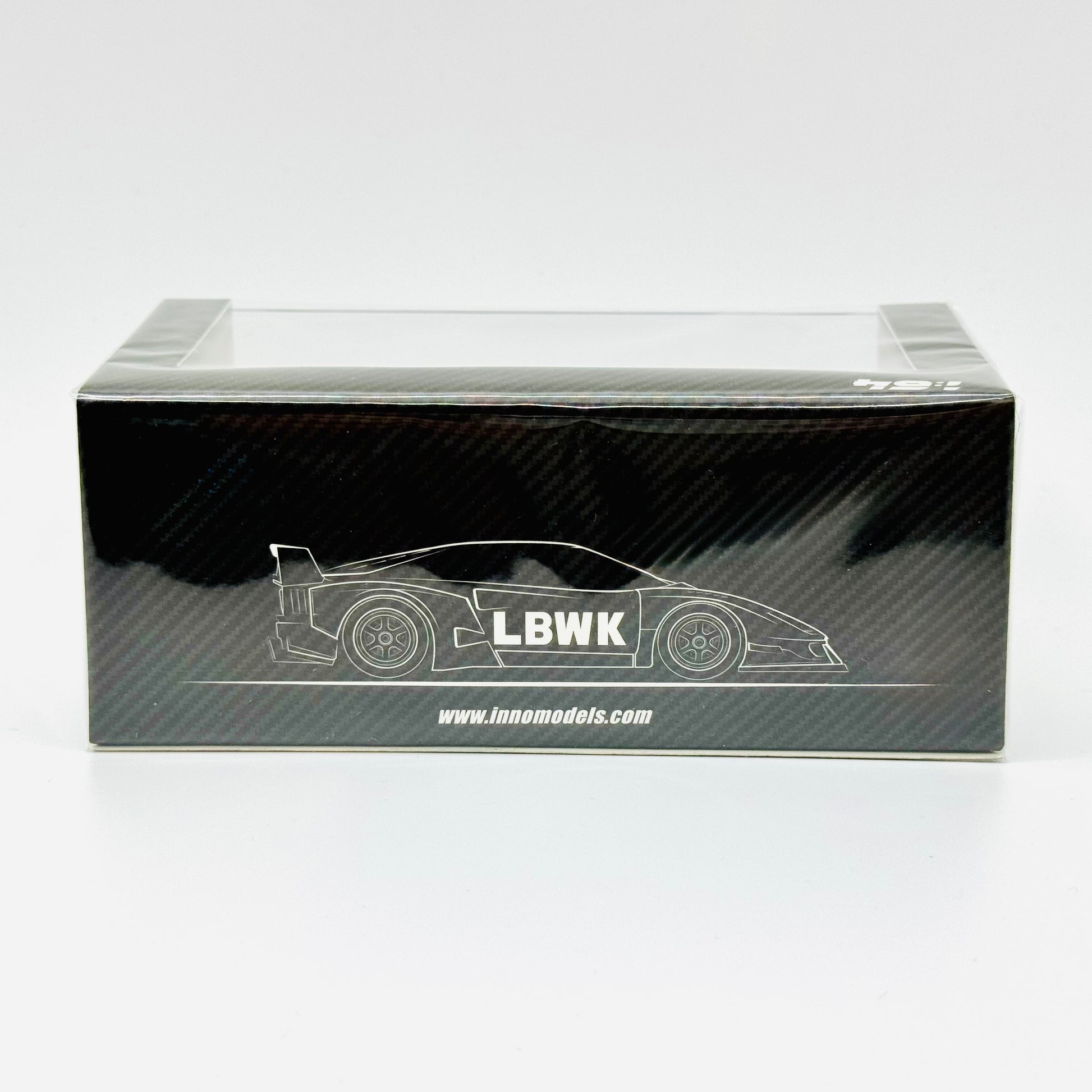 Angled boxed view of Inno64 LBWK Ferrari F40 Full Carbon diecast model
