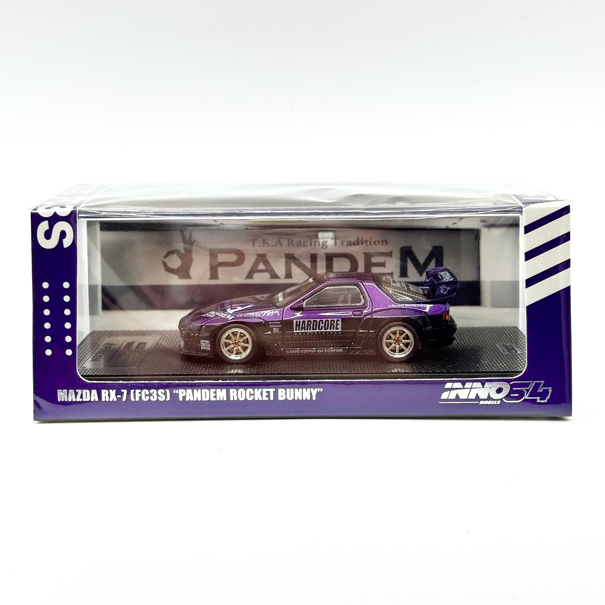 Inno64 Mazda RX-7 FC3S Pandem Rocket Bunny Purple box front 1:64 diecast model car