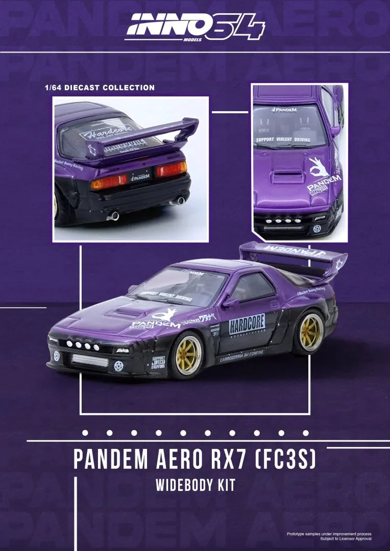 Mazda RX-7 FC3S Pandem Rocket Bunny Purple front angle Inno64 diecast model car