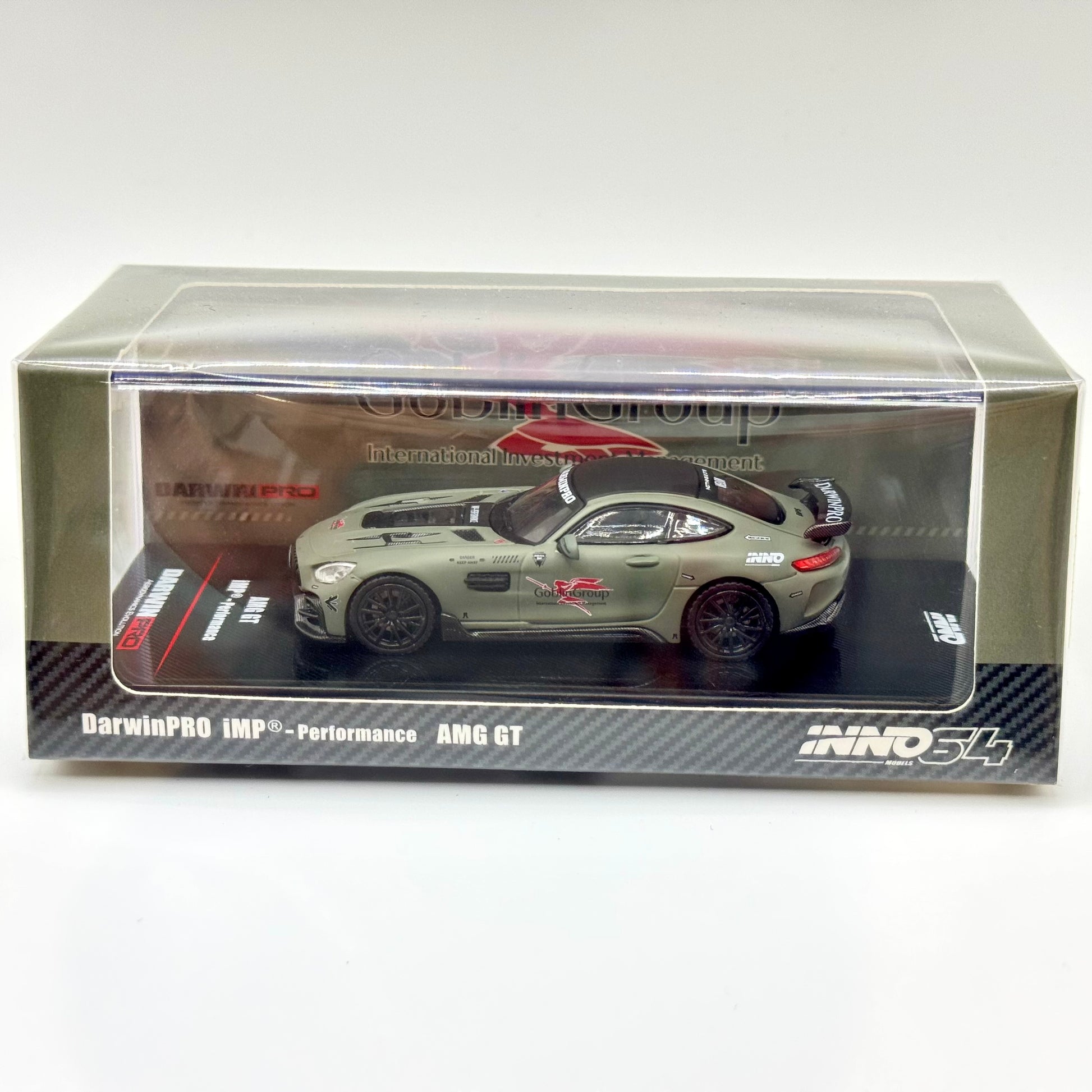 Inno64 Mercedes-Benz AMG GT DARWINPRO Goblin Group Military Green 1:64 diecast model boxed front view