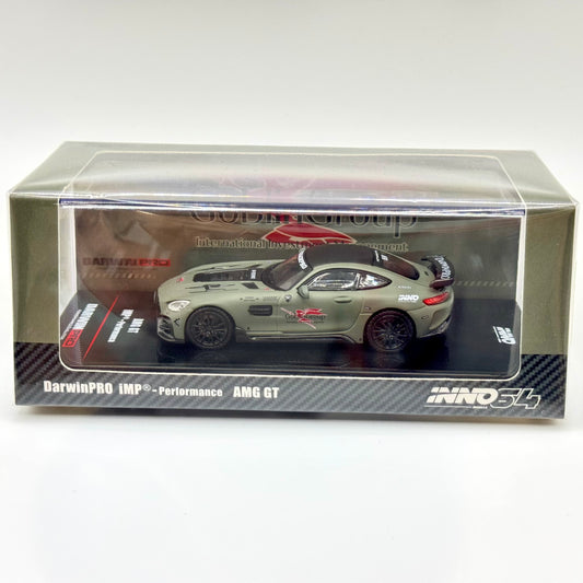 Inno64 Mercedes-Benz AMG GT DARWINPRO Goblin Group Military Green 1:64 diecast model boxed front view