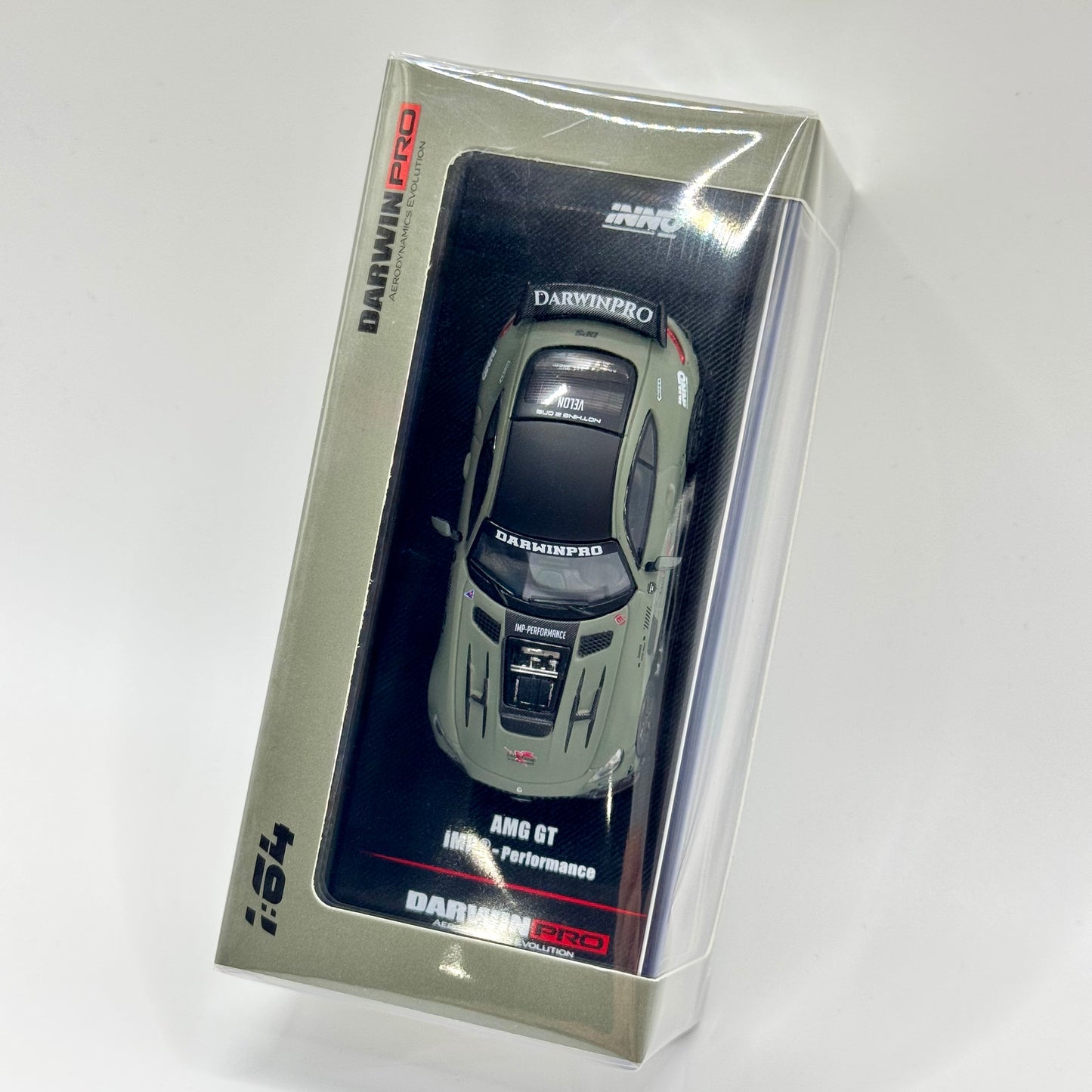 Inno64 Mercedes-Benz AMG GT DARWINPRO Goblin Group Military Green 1:64 model in acrylic case top angle