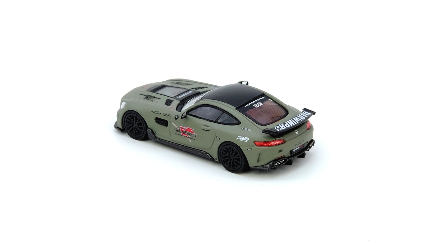 Inno64 Mercedes-Benz AMG GT DARWINPRO Goblin Group Military Green 1:64 diecast model rear three-quarter view