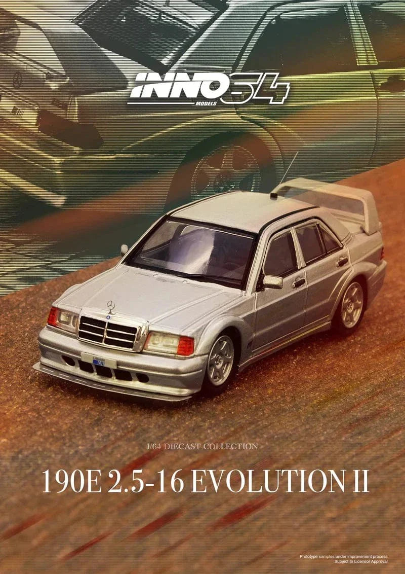 Mercedes-Benz 190E Silver front angle Inno64 1:64 diecast model car poster