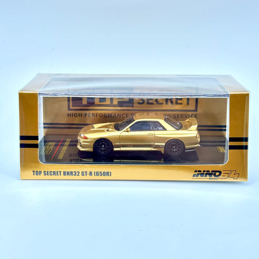 Inno64 Nissan BNR32 GT-R Top Secret 650R Gold box front 1:64 diecast model car
