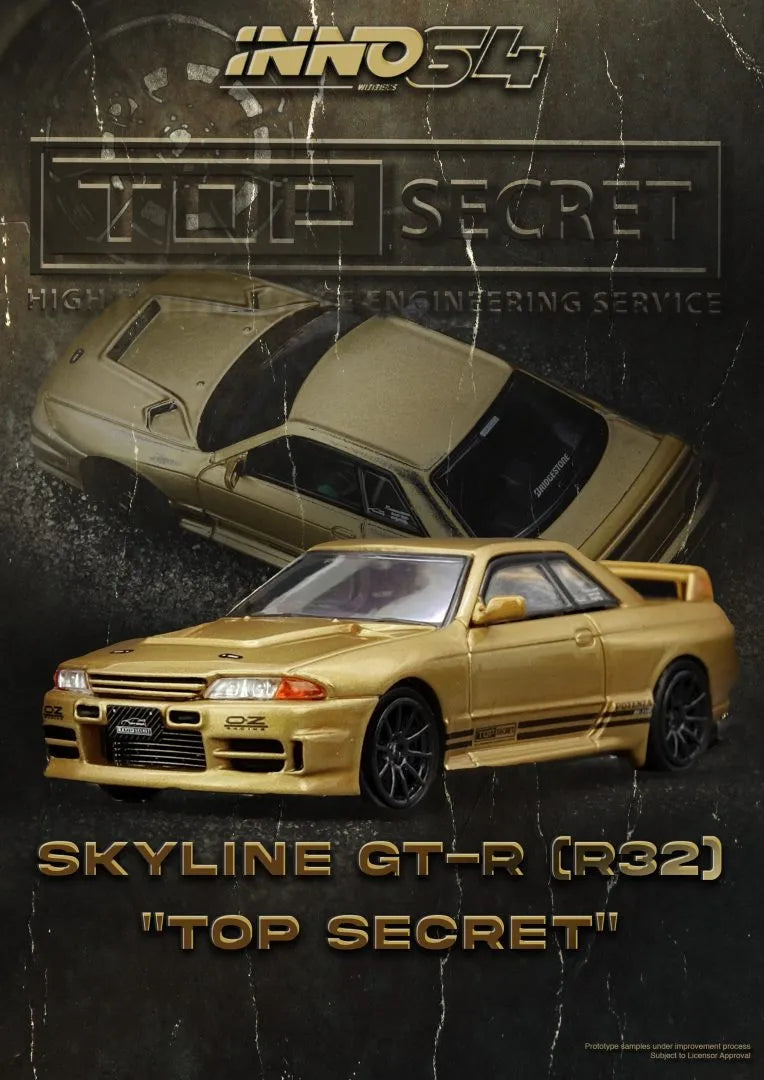 Nissan BNR32 GT-R Top Secret 650R Gold front angle Inno64 1:64 diecast model car