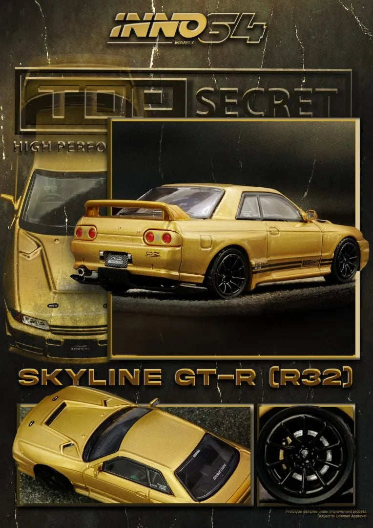 Nissan BNR32 GT-R Top Secret 650R Gold rear angle Inno64 diecast model