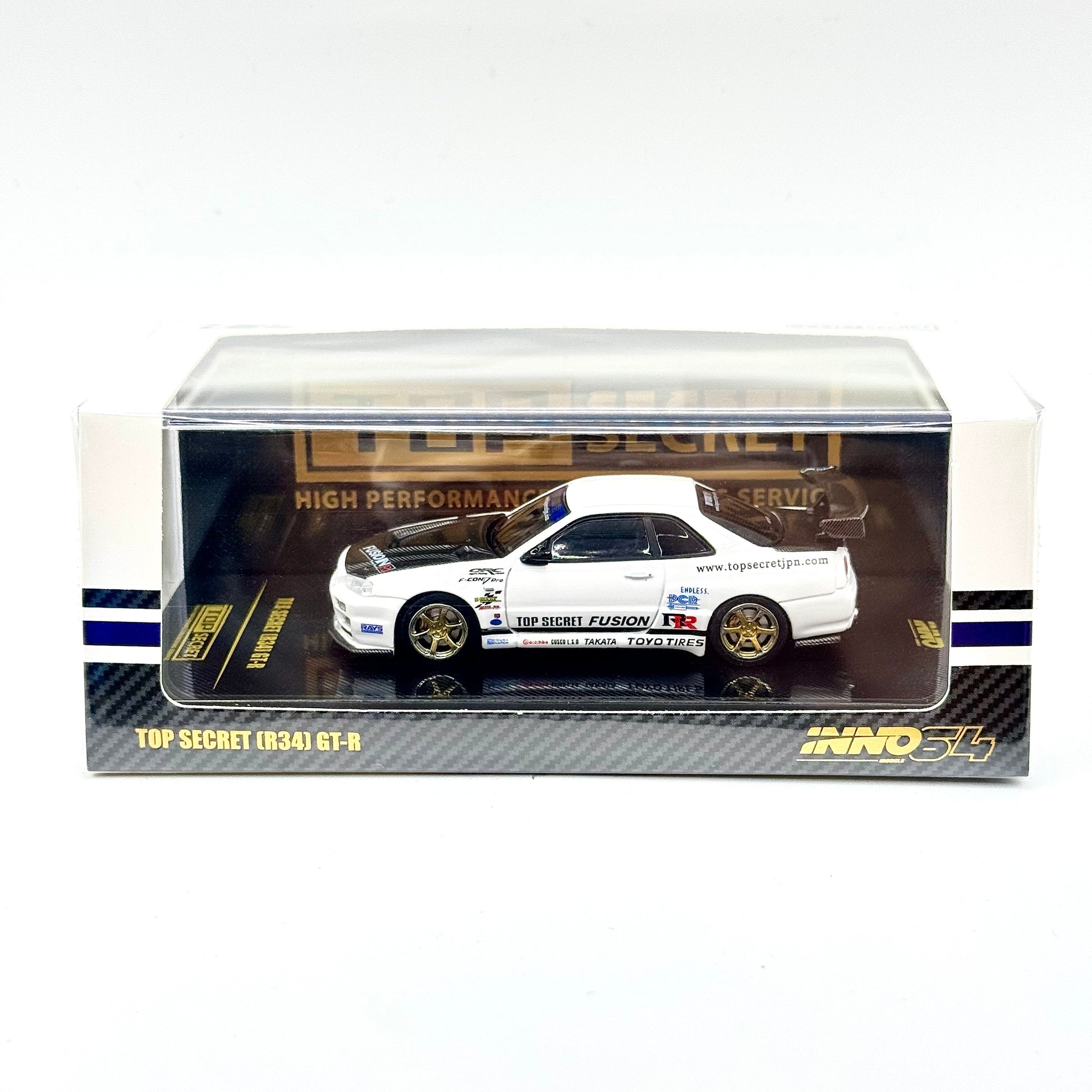 Inno64 Nissan GT-R (R34) Top Secret White box front 1:64 diecast model car