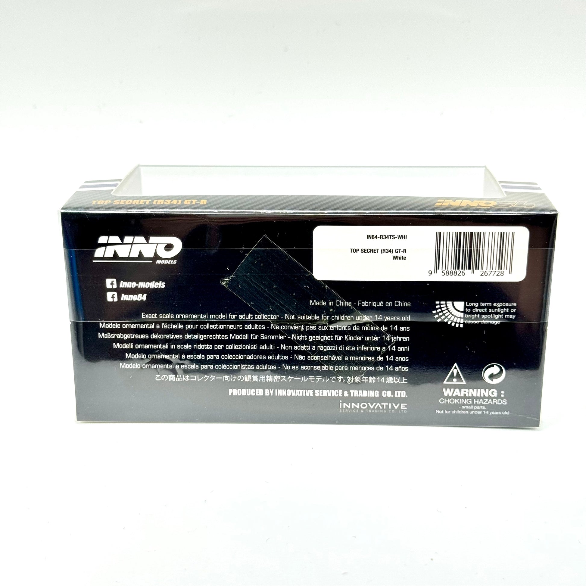 Nissan GT-R R34 Top Secret White packaging rear Inno64 diecast