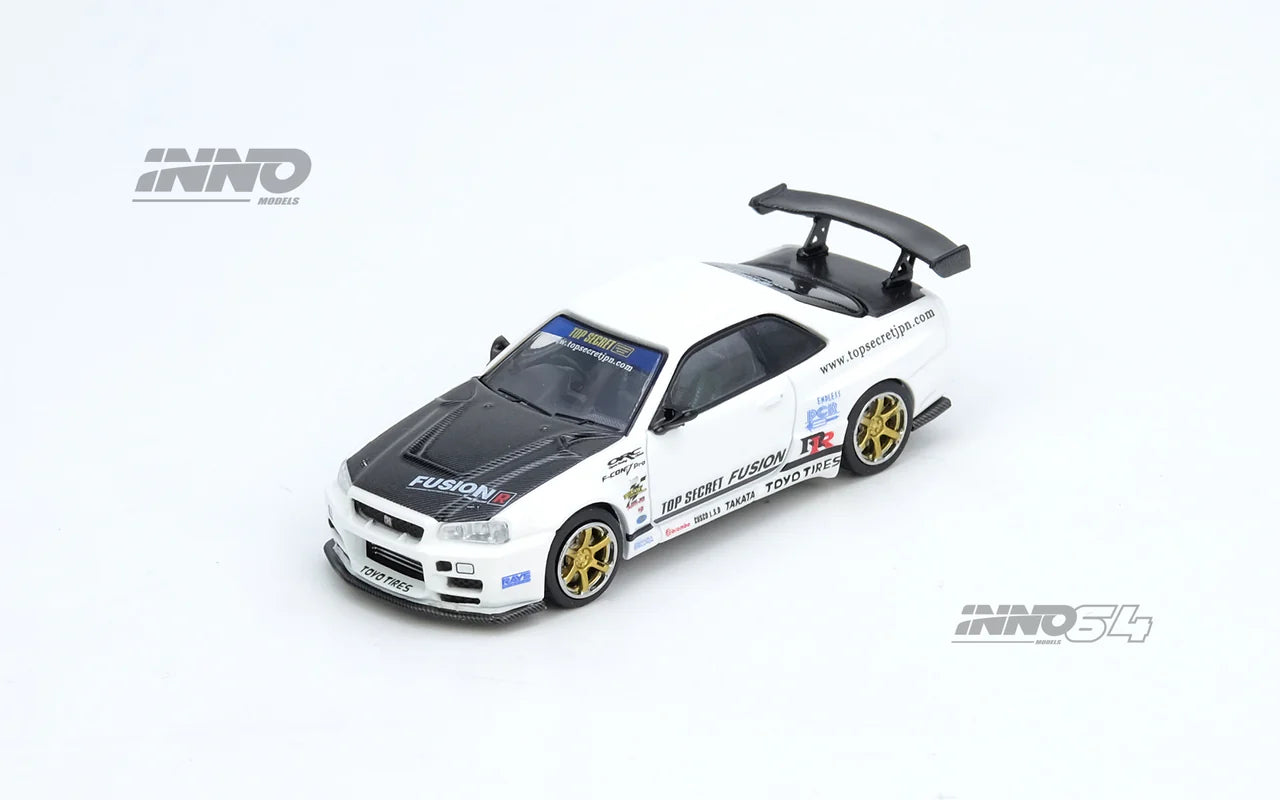 Nissan GT-R (R34) Top Secret White front angle Inno64 1:64 diecast model car