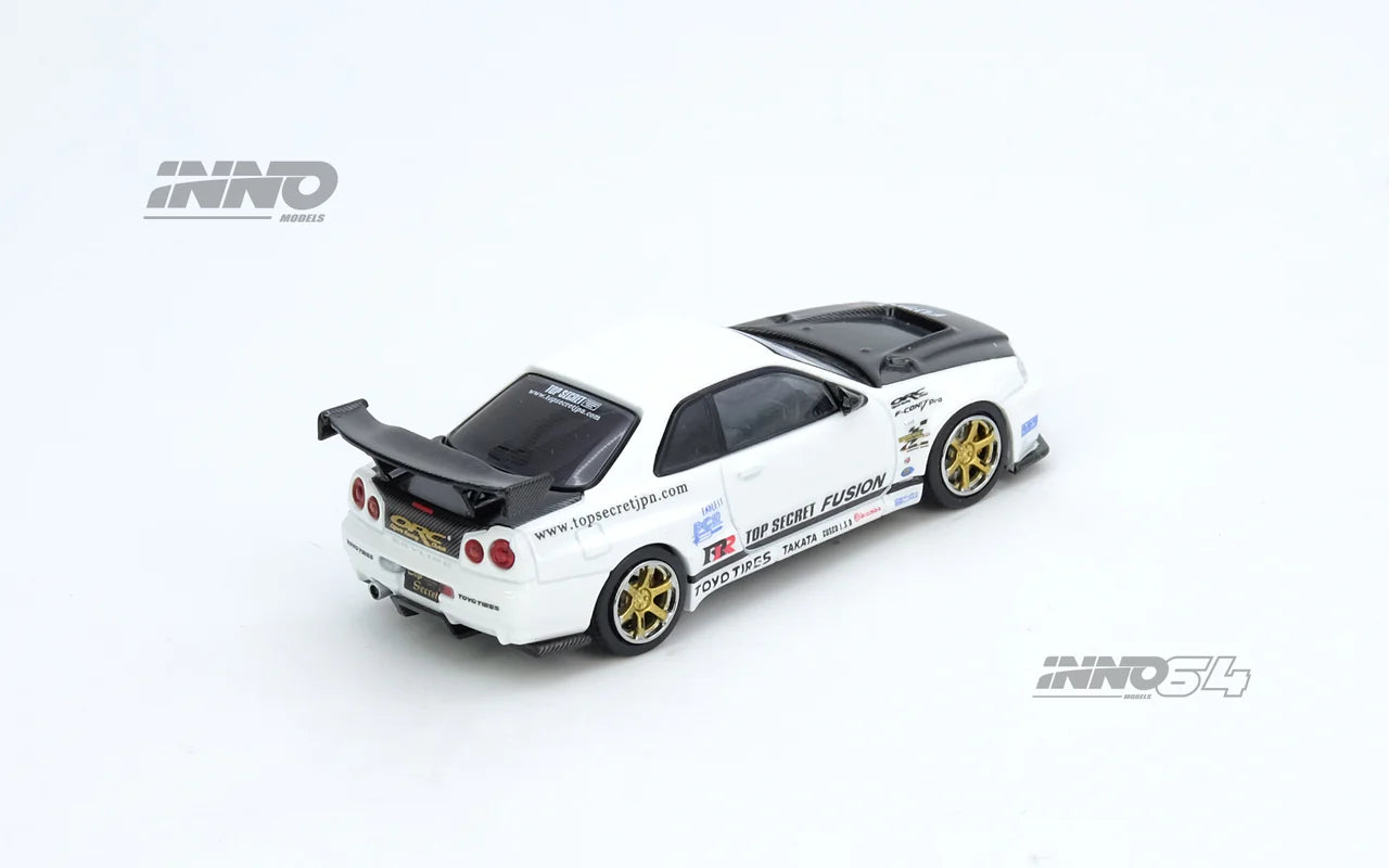 Nissan GT-R R34 Top Secret White rear angle Inno64 diecast model