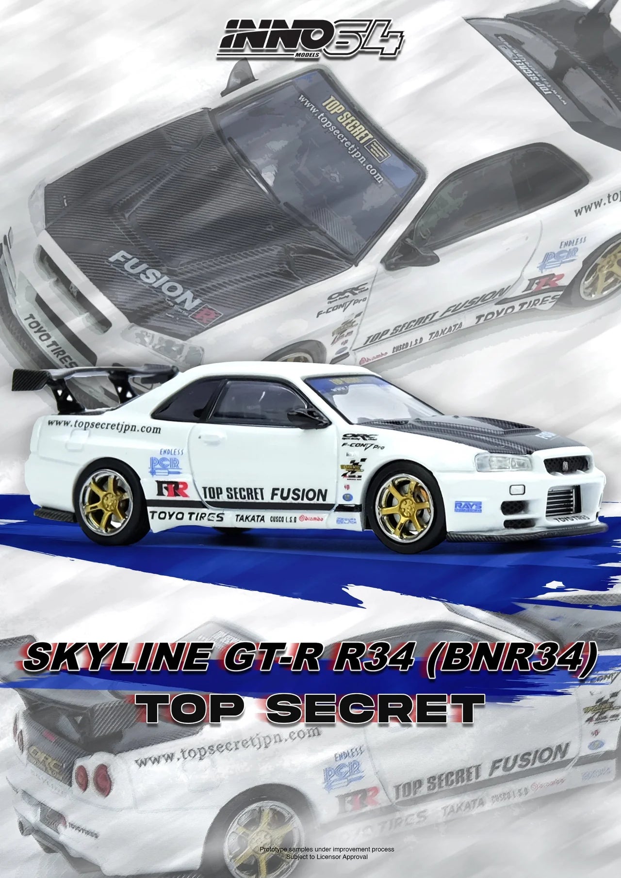 Nissan GT-R (R34) Top Secret White side profile Inno64 diecast