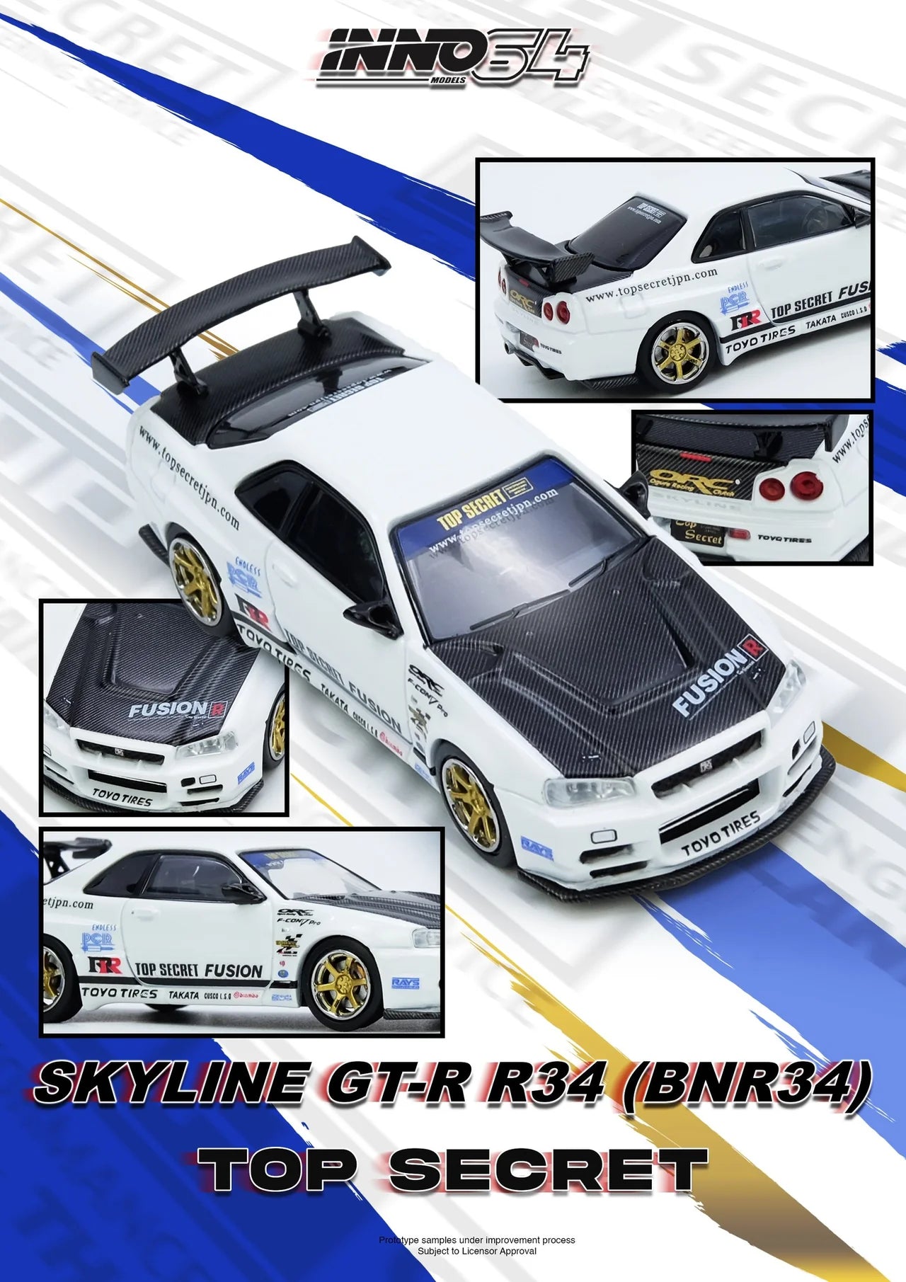 Nissan GT-R R34 Top Secret White top view detailing Inno64 diecast