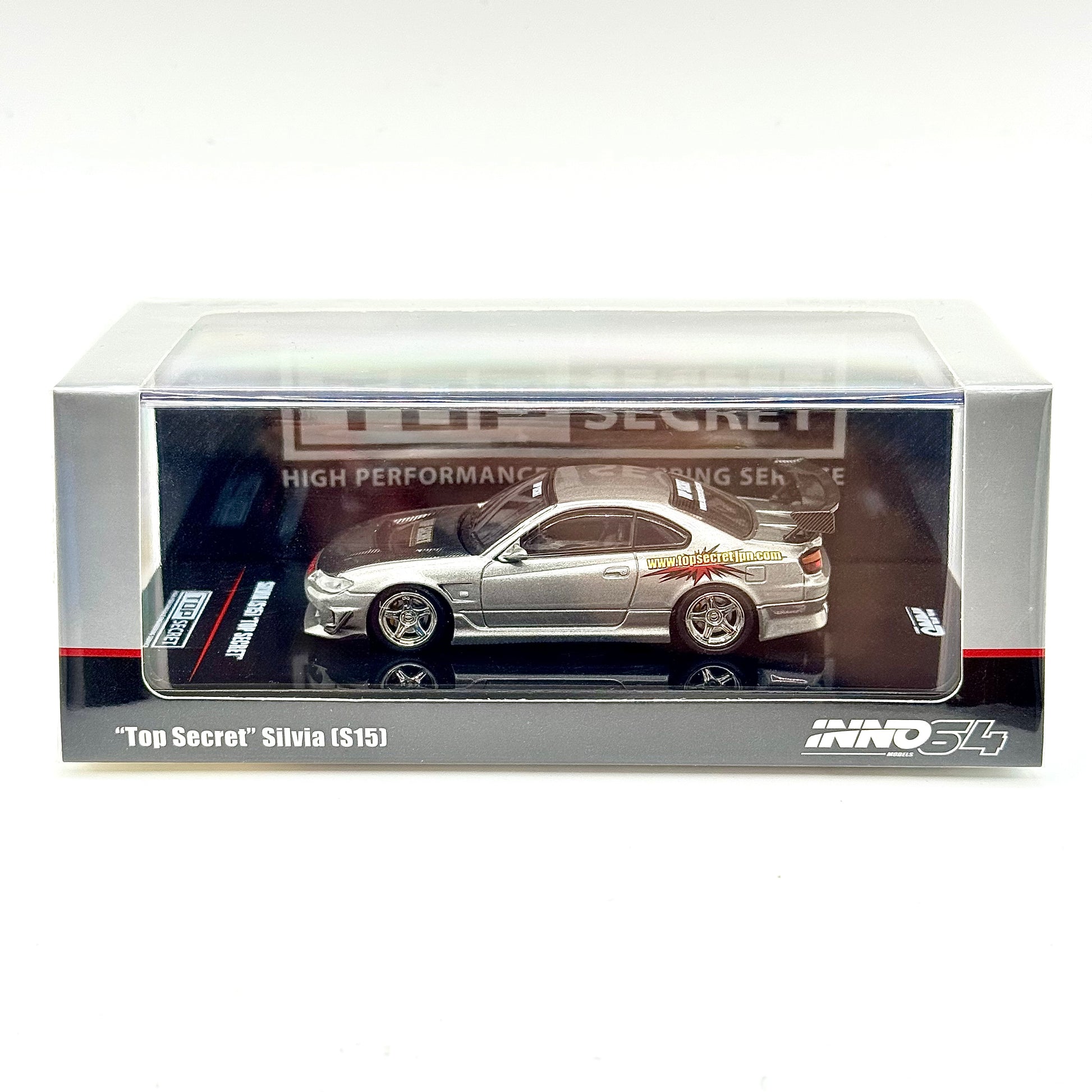 Inno64 Top Secret Nissan Silvia S15 Silver box front 1:64 diecast model car