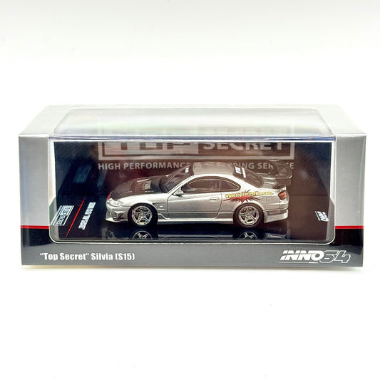 Inno64 Top Secret Nissan Silvia S15 Silver box front 1:64 diecast model car