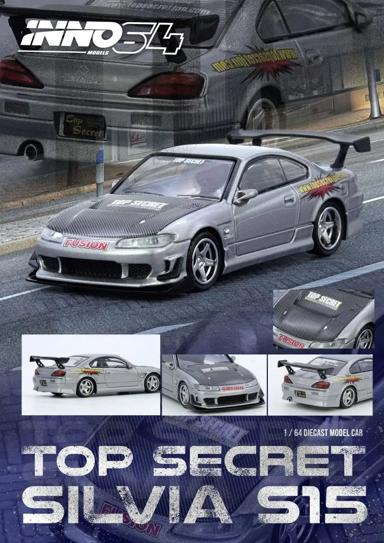 Nissan Silvia S15 Top Secret Silver front angle Inno64 1:64 diecast model car