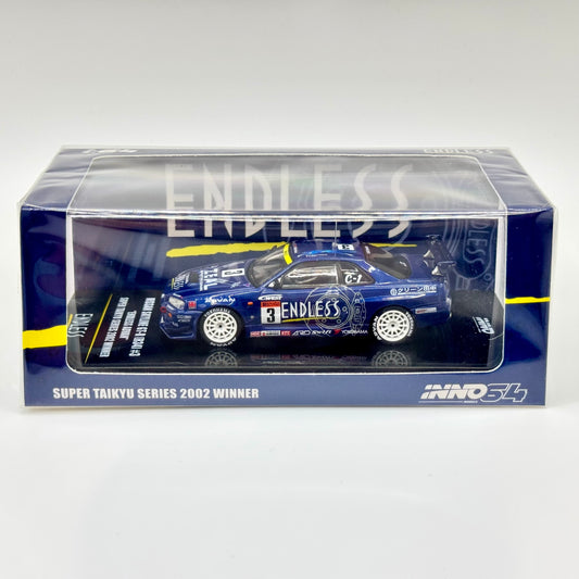 Inno64 Nissan Skyline GT-R R34 #3 ENDLESS ADVAN Super Taikyu 2002 Winner 1:64 diecast model boxed front view