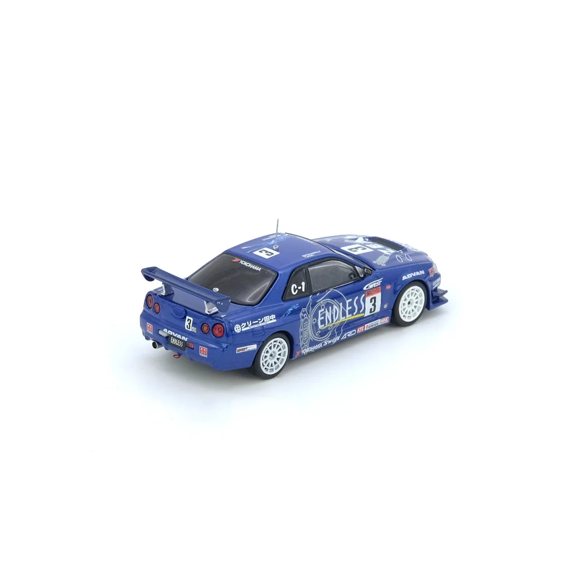 Inno64 Nissan Skyline GT-R R34 #3 ENDLESS ADVAN Super Taikyu 2002 Winner 1:64 diecast model rear three-quarter view