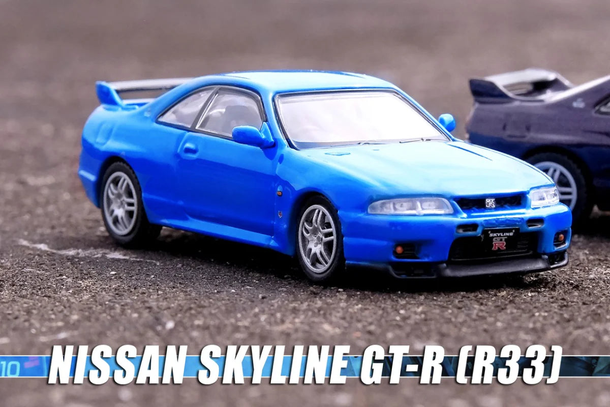 Nissan Skyline GT-R R33 Championship Blue 1:64 diecast model front three-quarter view