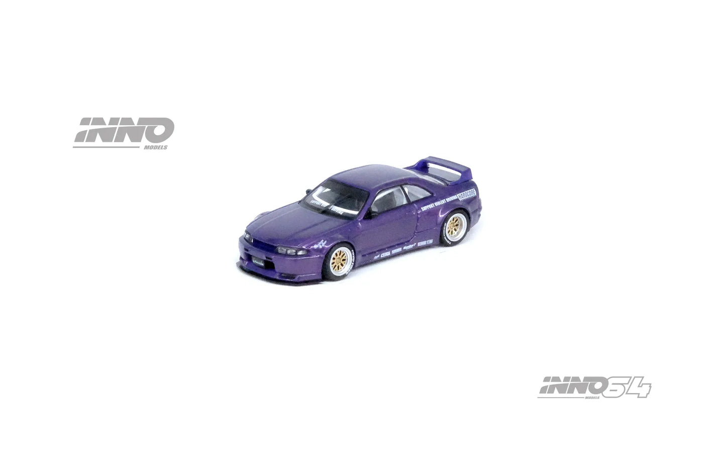 Inno64 Nissan Skyline GT-R R33 Pandem Rocket Bunny Purple close-up front detail