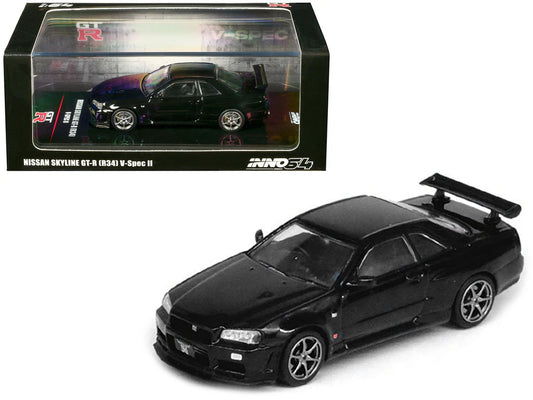 Nissan Skyline GT-R R34 V-Spec II Black 1:64 diecast model front three-quarter view